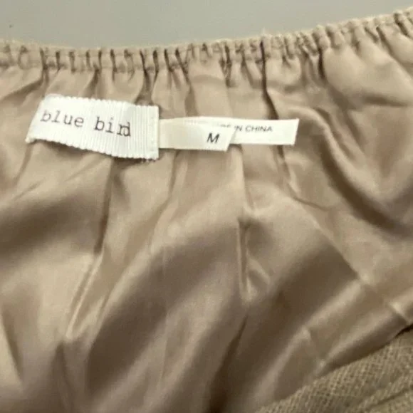 Lagenlook Tan Linen Dress Size M Embroidered Tiers Lightweight Blue Bird Boho - Picture 4 of 12